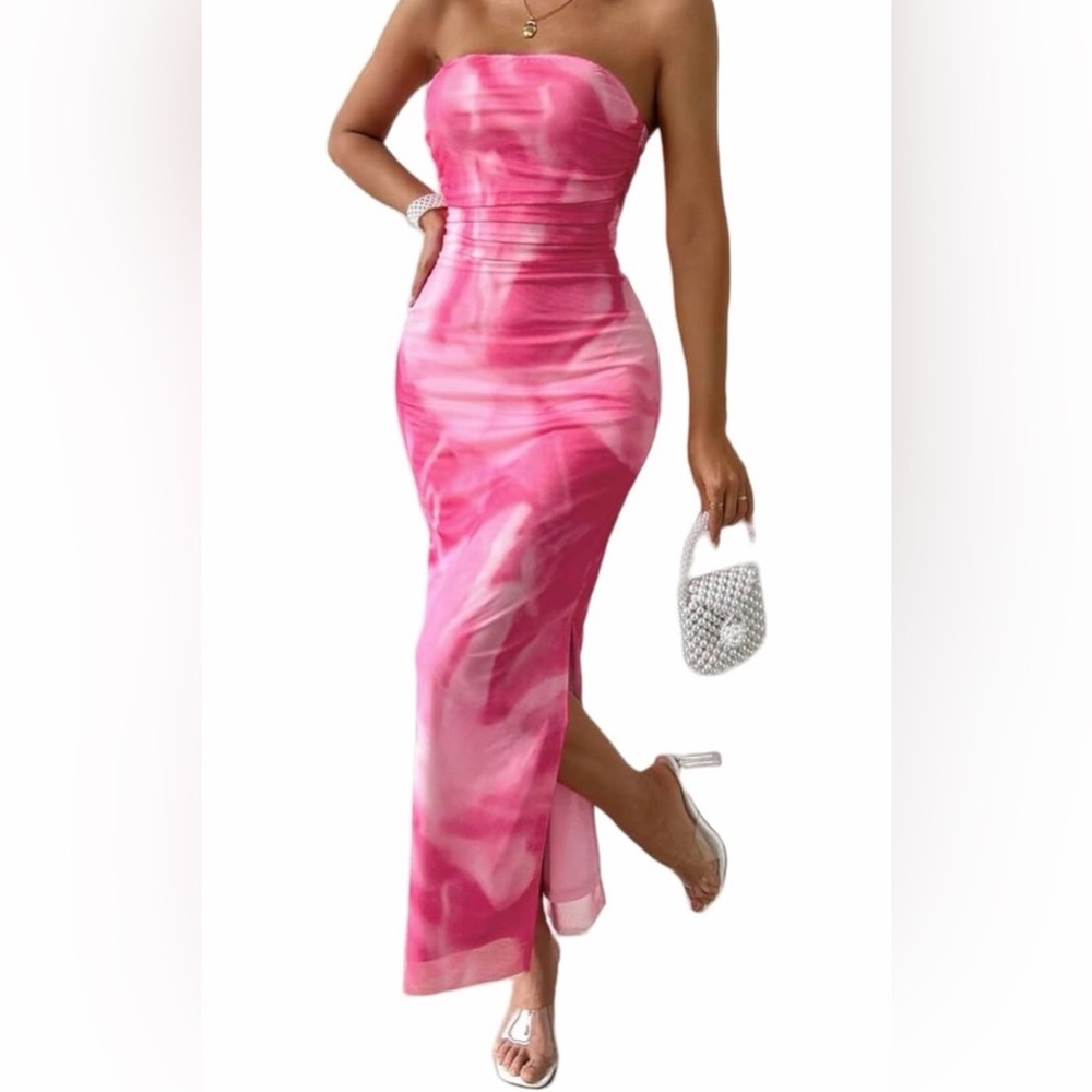 LIGHT DOT Worn Once Ruched Strapless Bodycon Dress Elegant Tie Dye Midi Pink XS